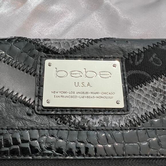 Bebe Multi Textured Black Leather Large Zip Clutch Wrist Strap Tassel Zip 7x13”
